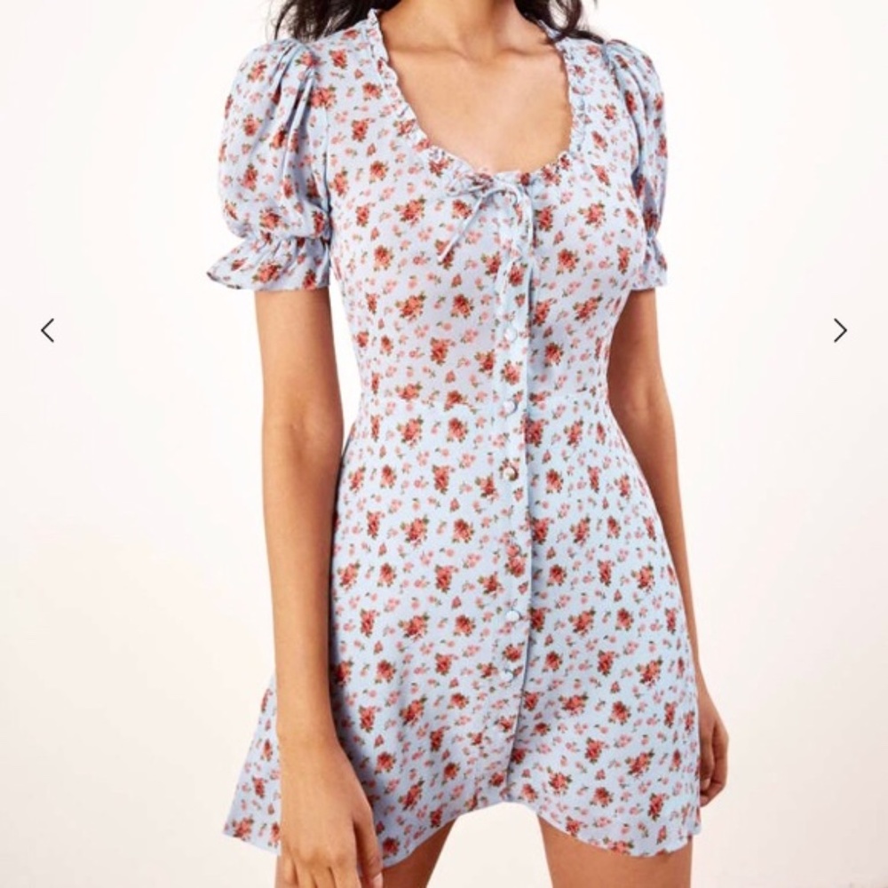 Reformation Page Mini Dress in Petunia Blue w Roses Size 6